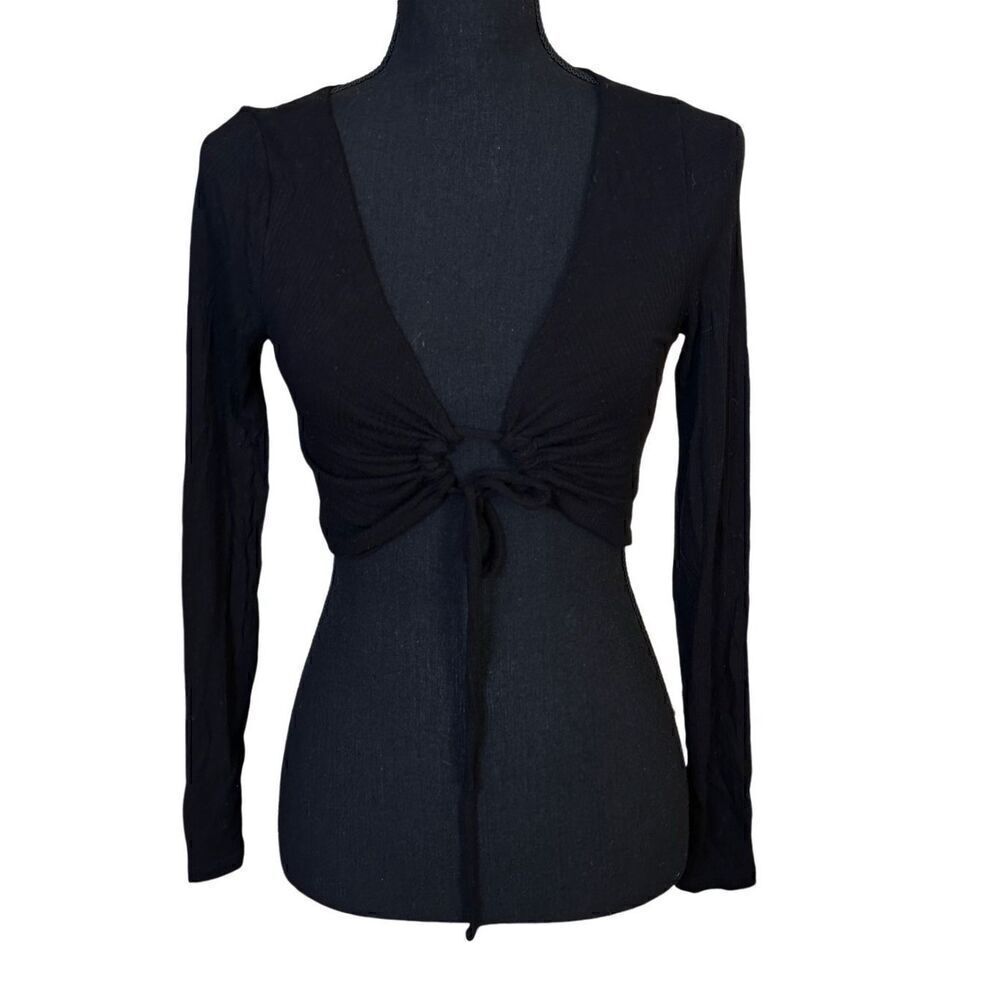 Cotton On Ari Tie Front Black Ribbed Long Sleeve Top Crop Top Sz Small